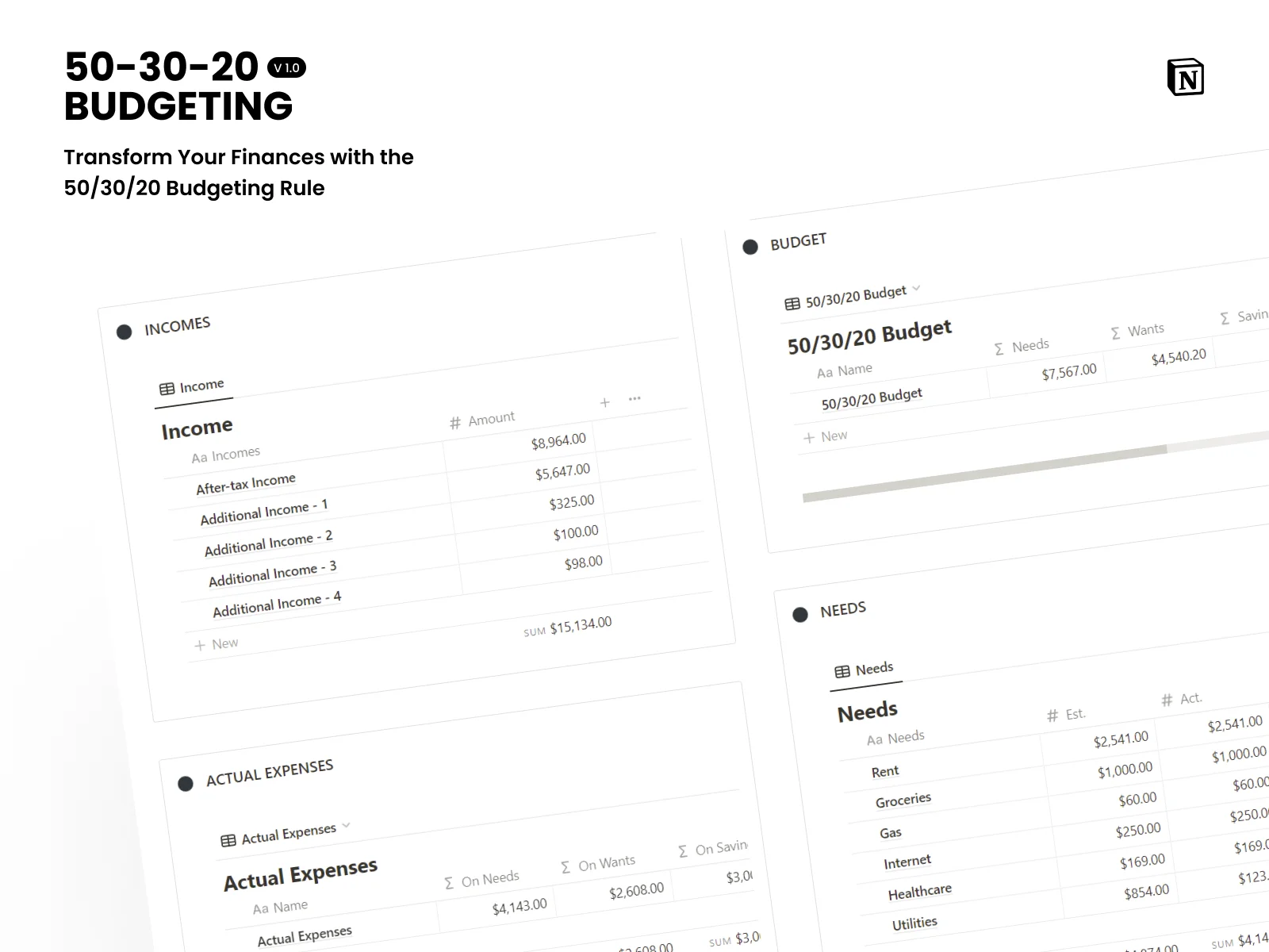 Free 50/30/20 Budgeting Template for Notion