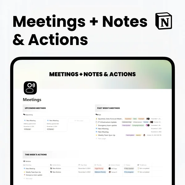 Free Notion Meetings + Notes & Actions Template