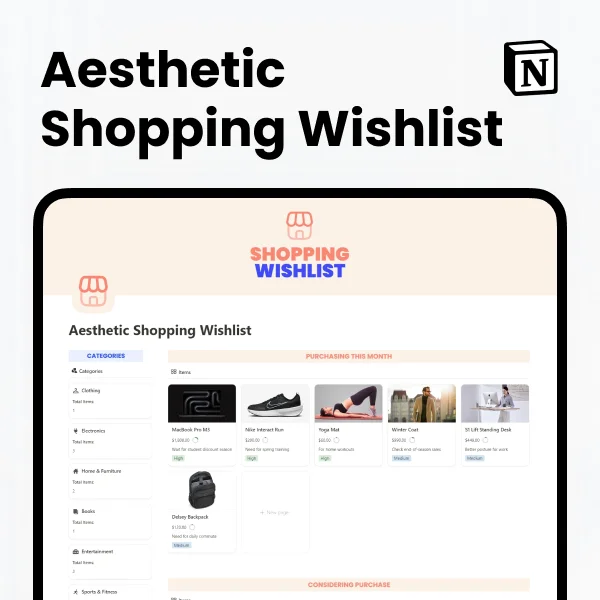 Free Aesthetic Shopping Wishlist Template for Notion