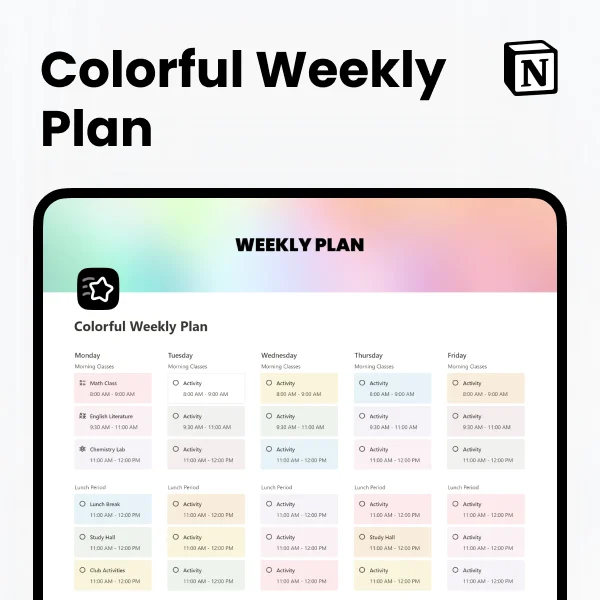 Free Student Colorful Weekly Plan Template for Notion