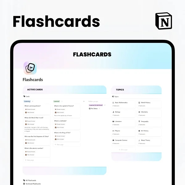 Free Aesthetic Flashcards Template for Notion