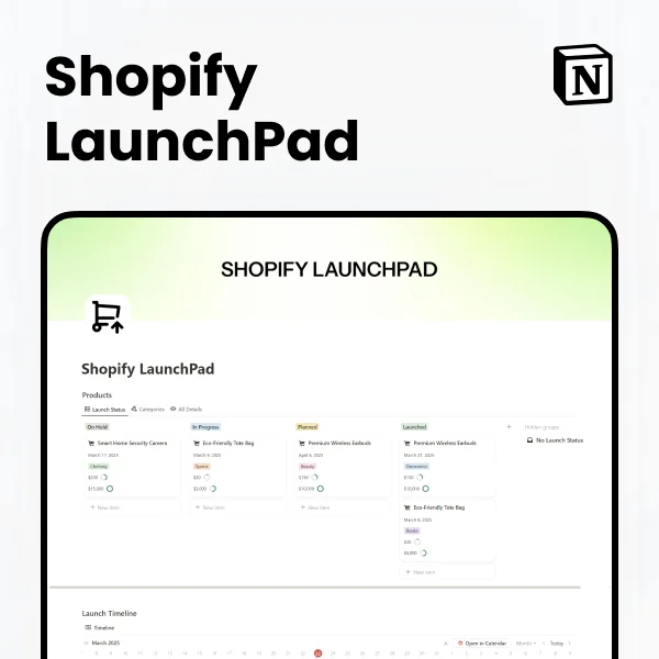 Shopify Product Launches Template for Notion