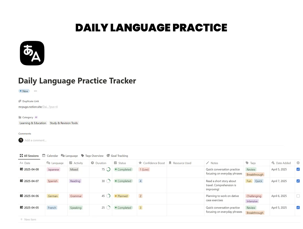 Daily Language Practice Tracker