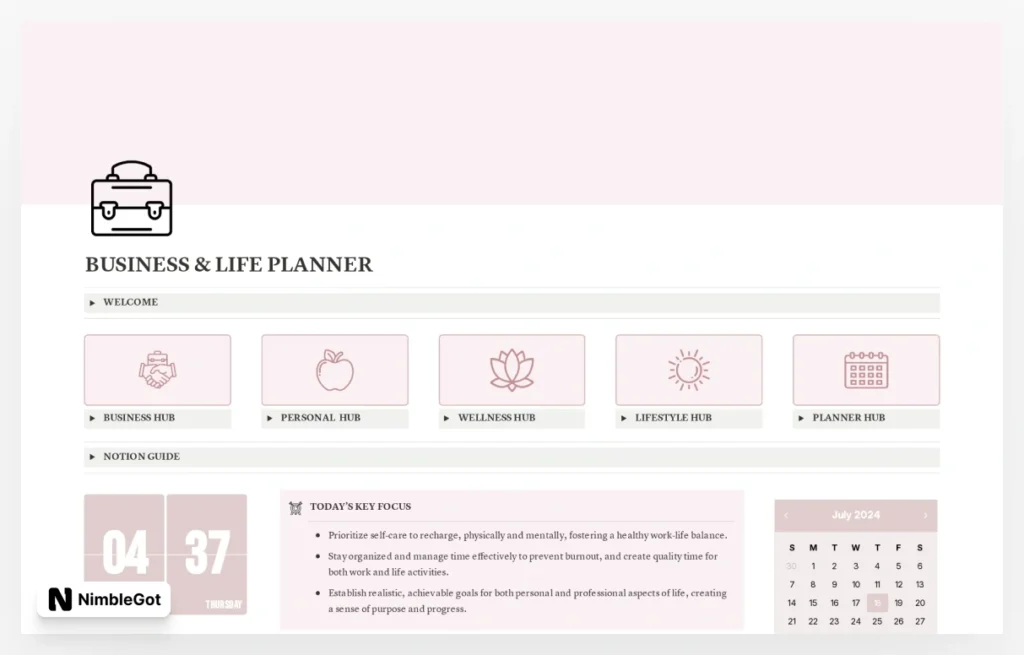 Business & Life Planner In Pink Dashboard