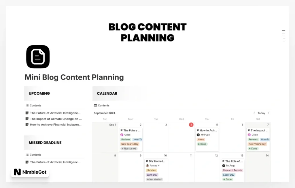 Mini Blog Content Planning & Calendar