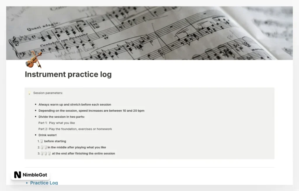Musical Instrument practice log