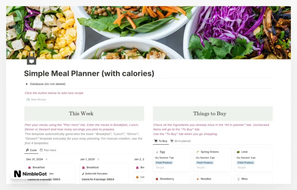 Simple Meal Planner with calories