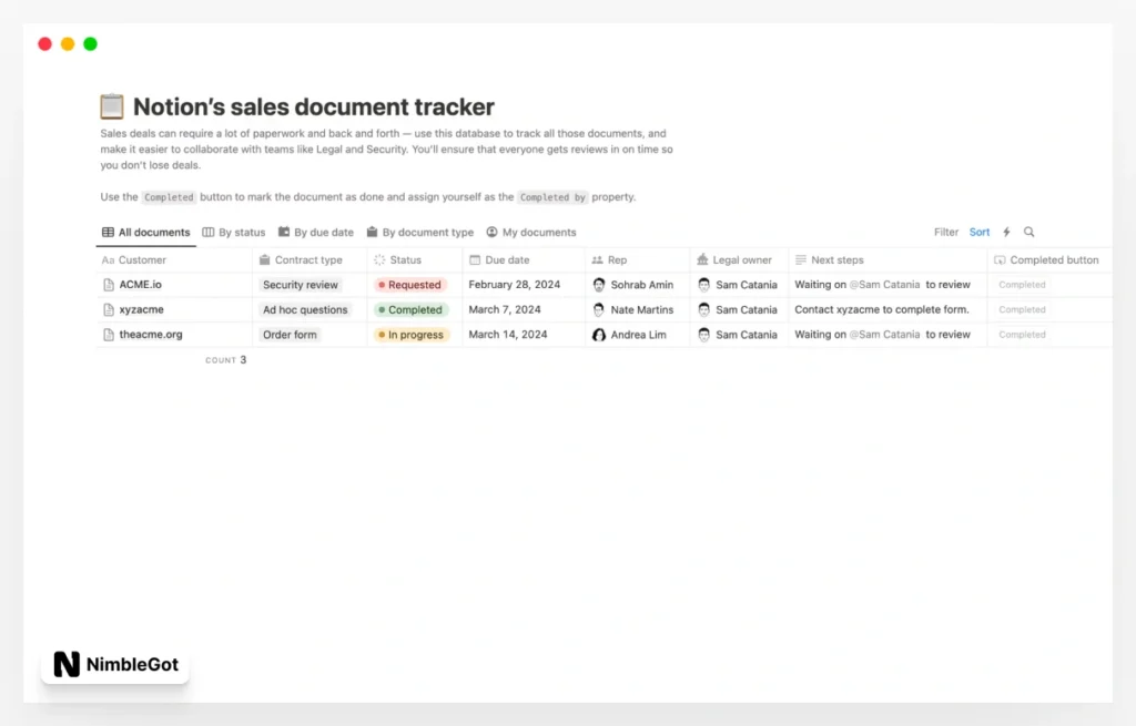 Notionβs sales document tracker