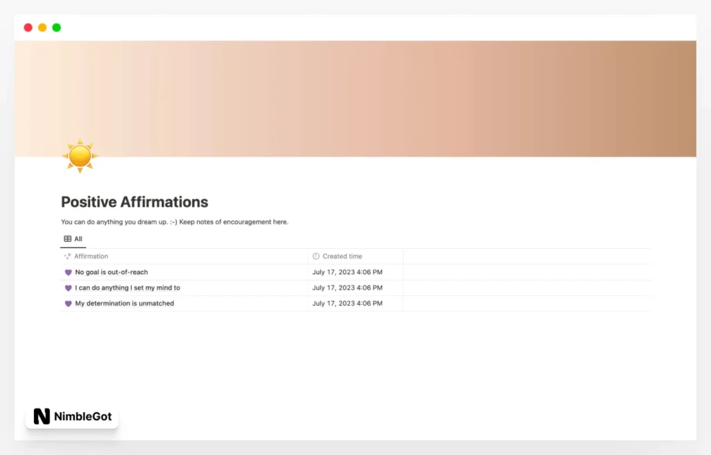 Notion Positive Affirmations Template