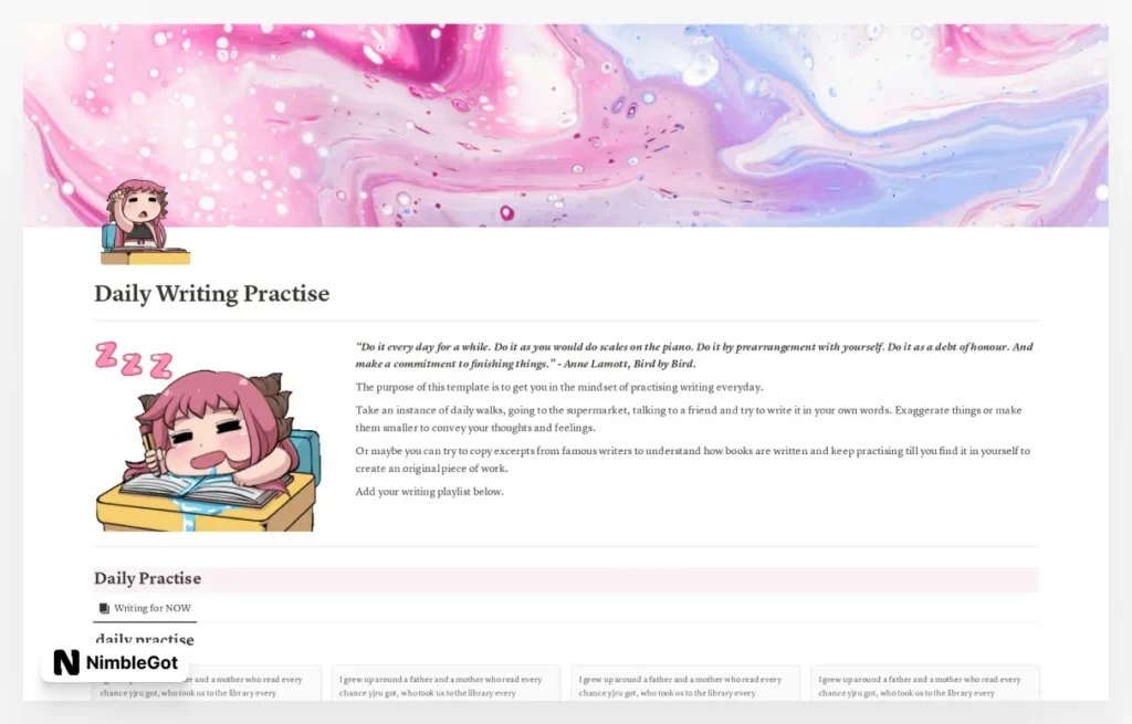 Daily Writing Practise Planner