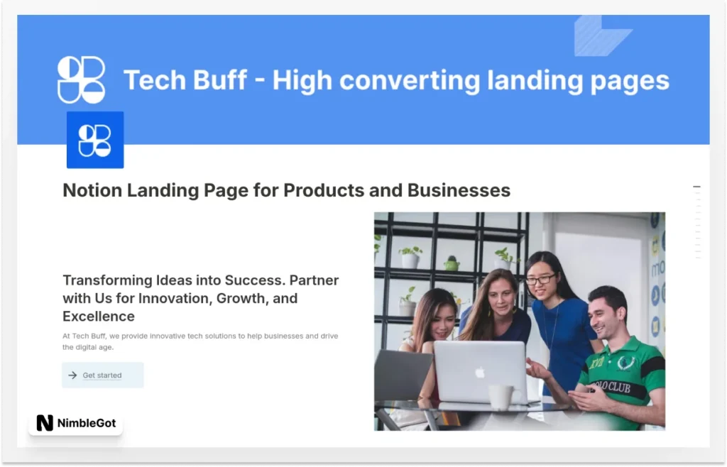 Landing page for Products and Business