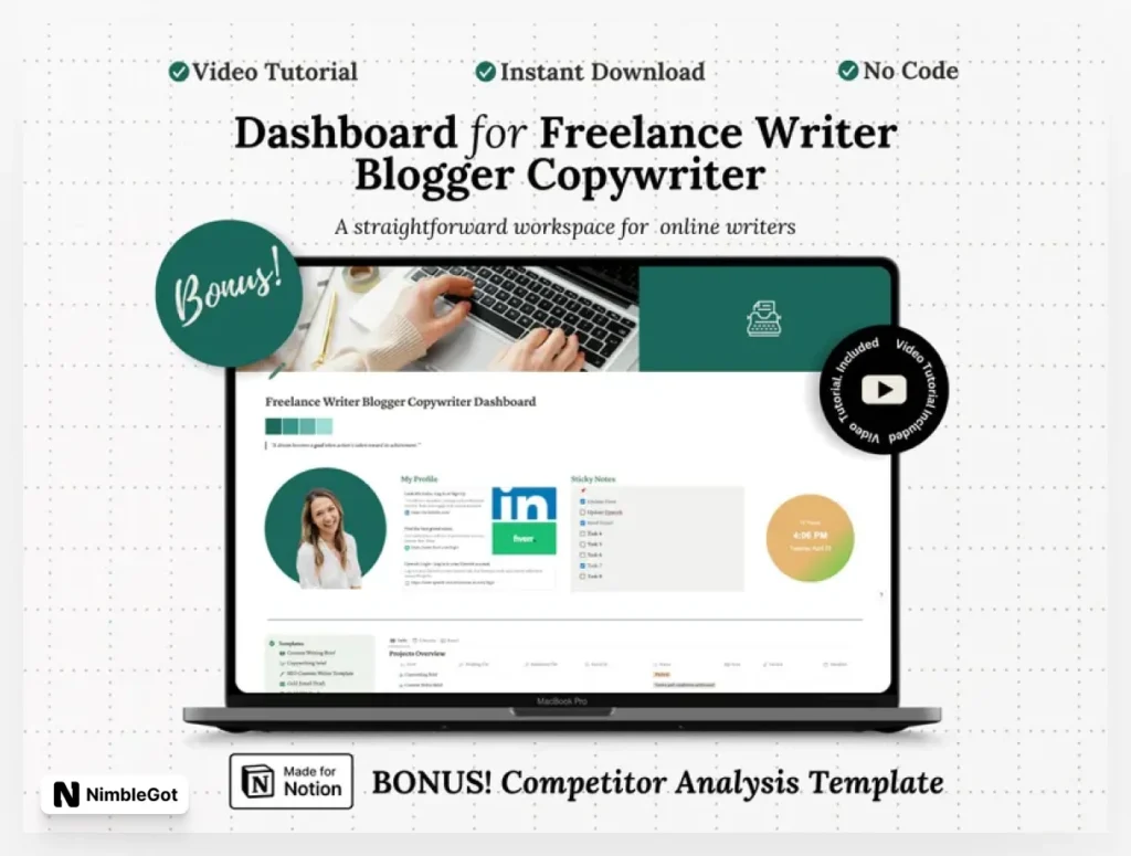 Notion Template Dashboard for Freelance Writer Copywriter Blogger