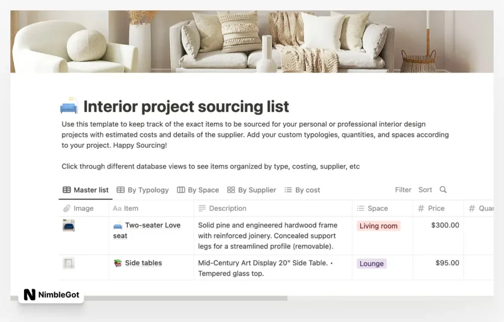 Interior project sourcing list