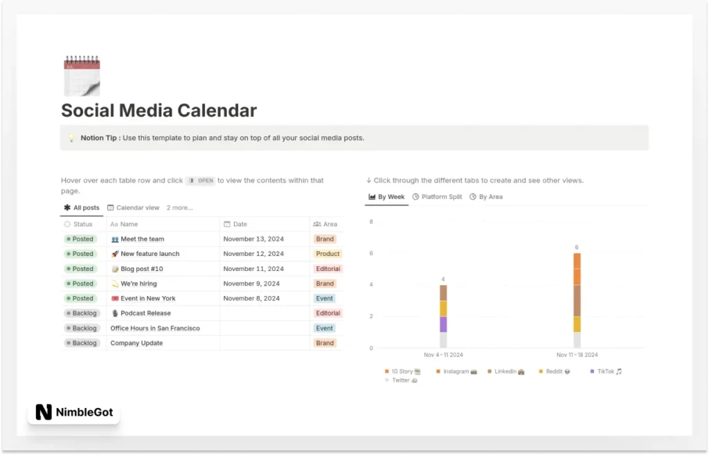Social Media Calendar (w/ Notion AI)