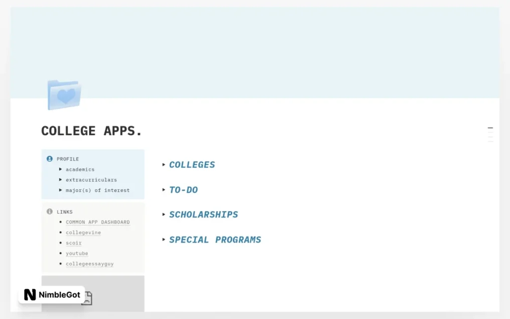 College applications organizer