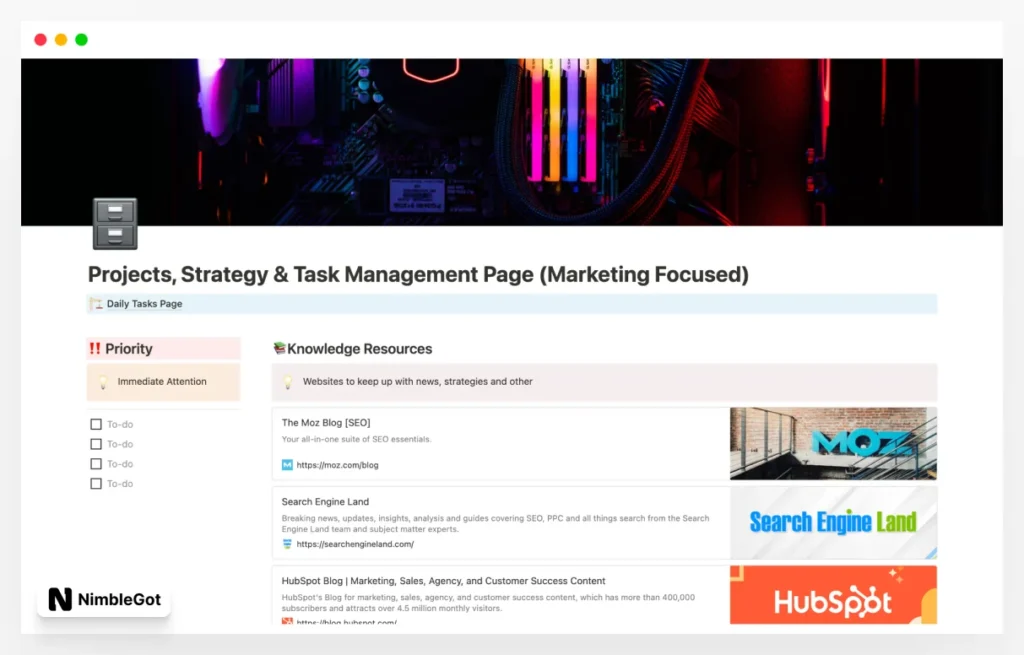 Projects, Strategy & Task Management Page