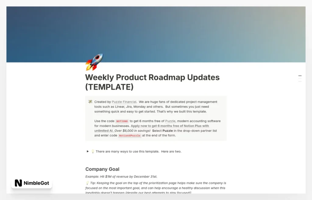 Weekly Product Roadmap Tracker