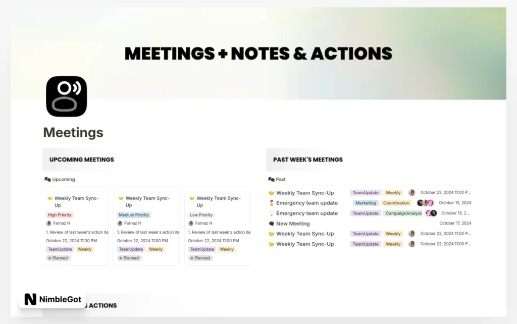 Meetings + Notes & Actions