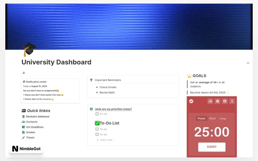 University Dashboard with a Notification center
