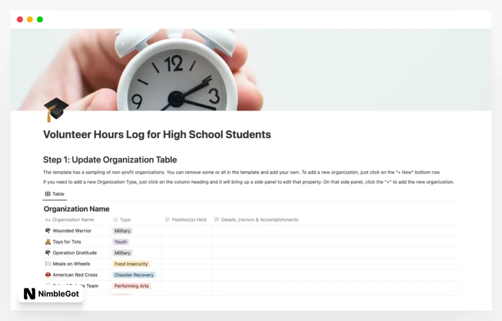 Volunteer Hours Log for High School Students