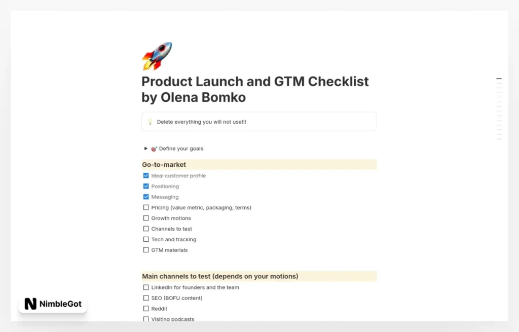Product Launch and GTM Checklist by Olena Bomko