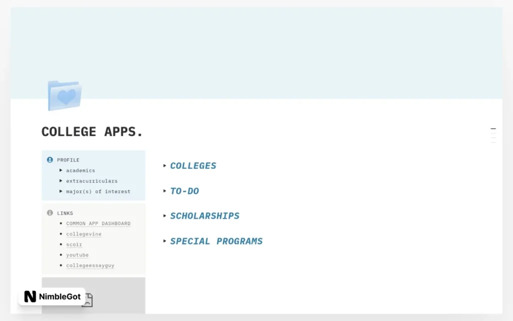 College applications organizer
