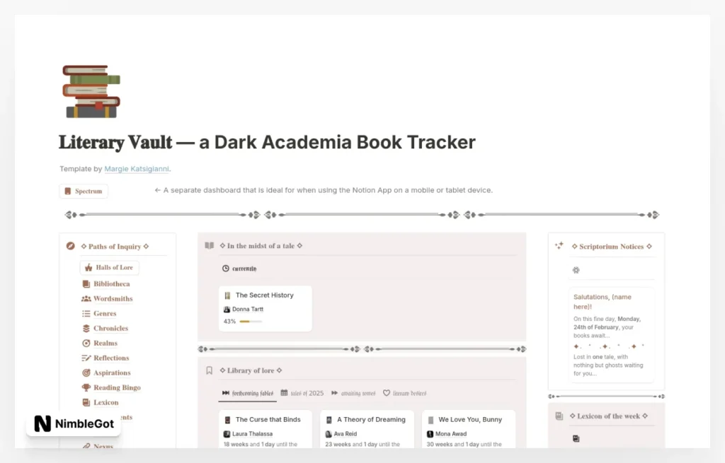 Dark Academia Book Tracker Digital Library