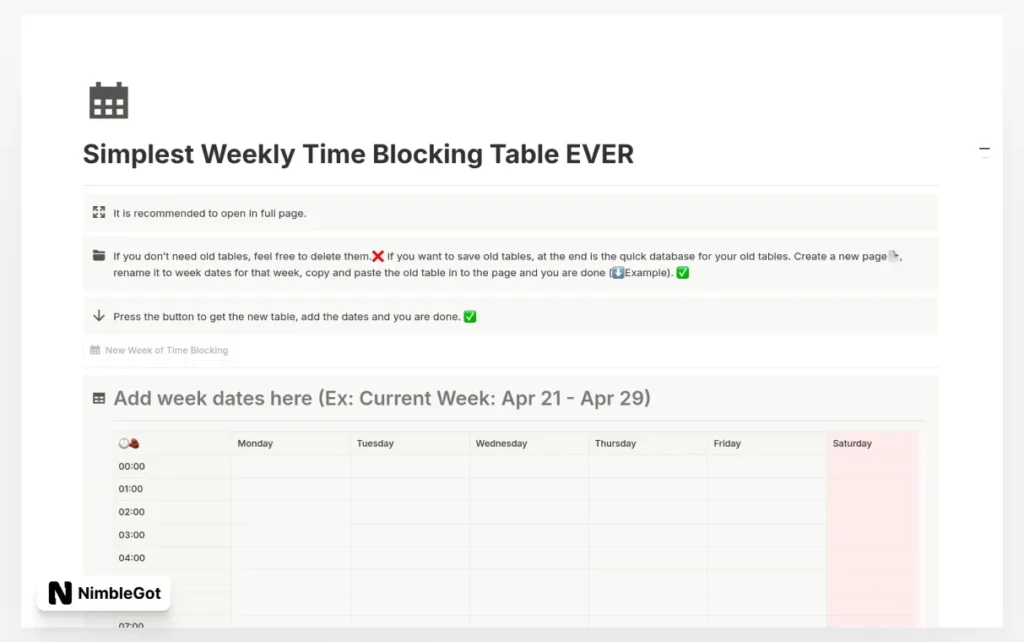 Simplest Weekly Time Blocking Table EVER