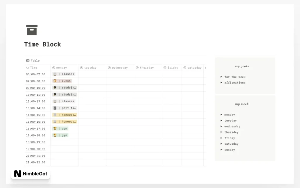 Time blocking weekly planner