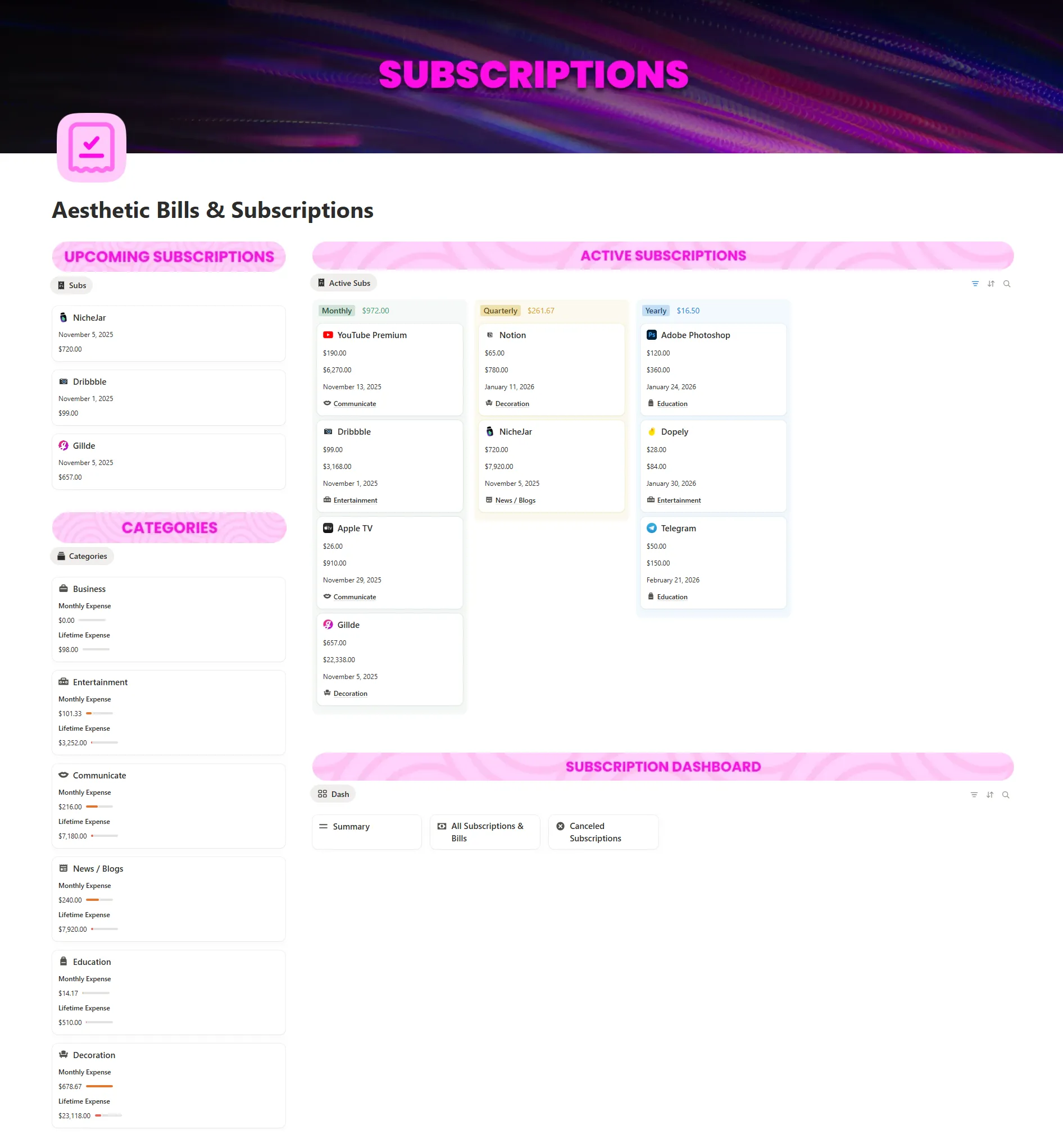 Aesthetic Bills & Subscriptions