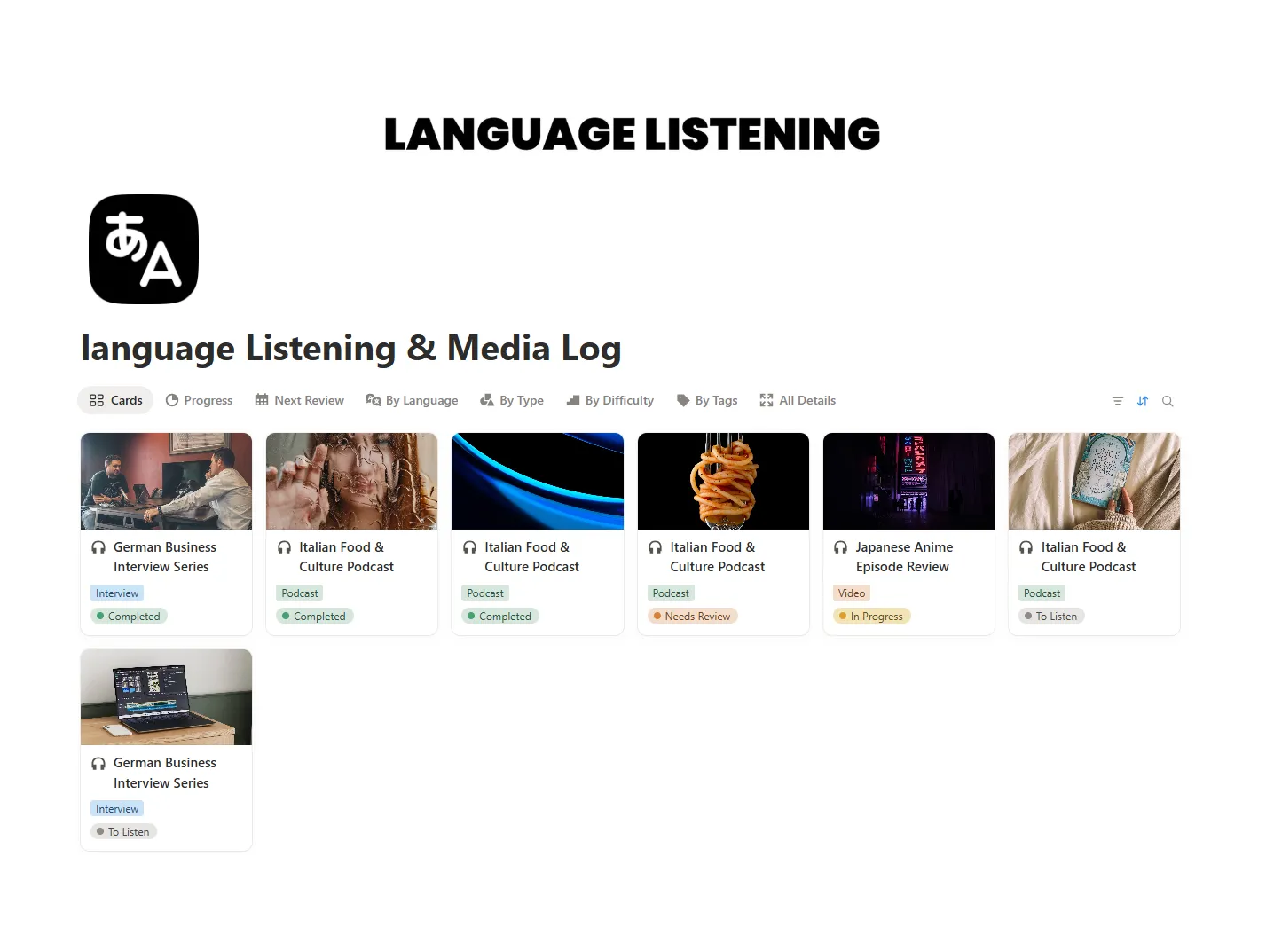 Free language Listening & Media Log