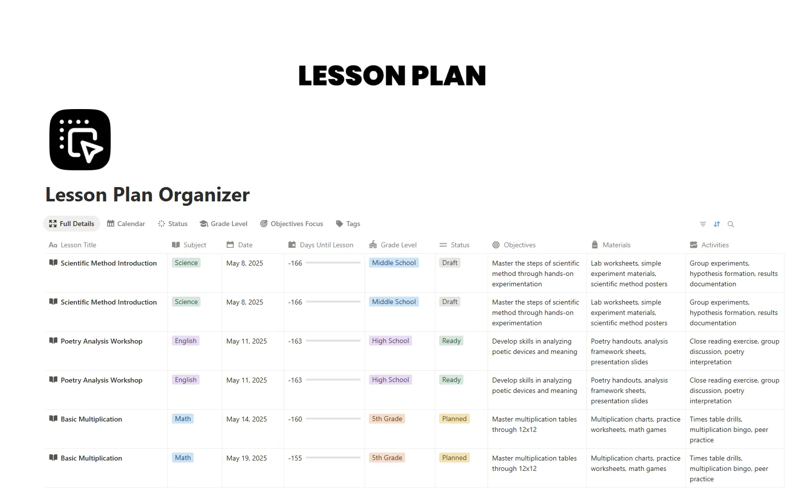 Lesson Plan Organizer