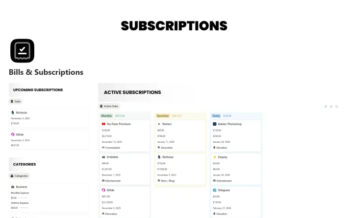 Free Bills & Subscriptions Template For Notion