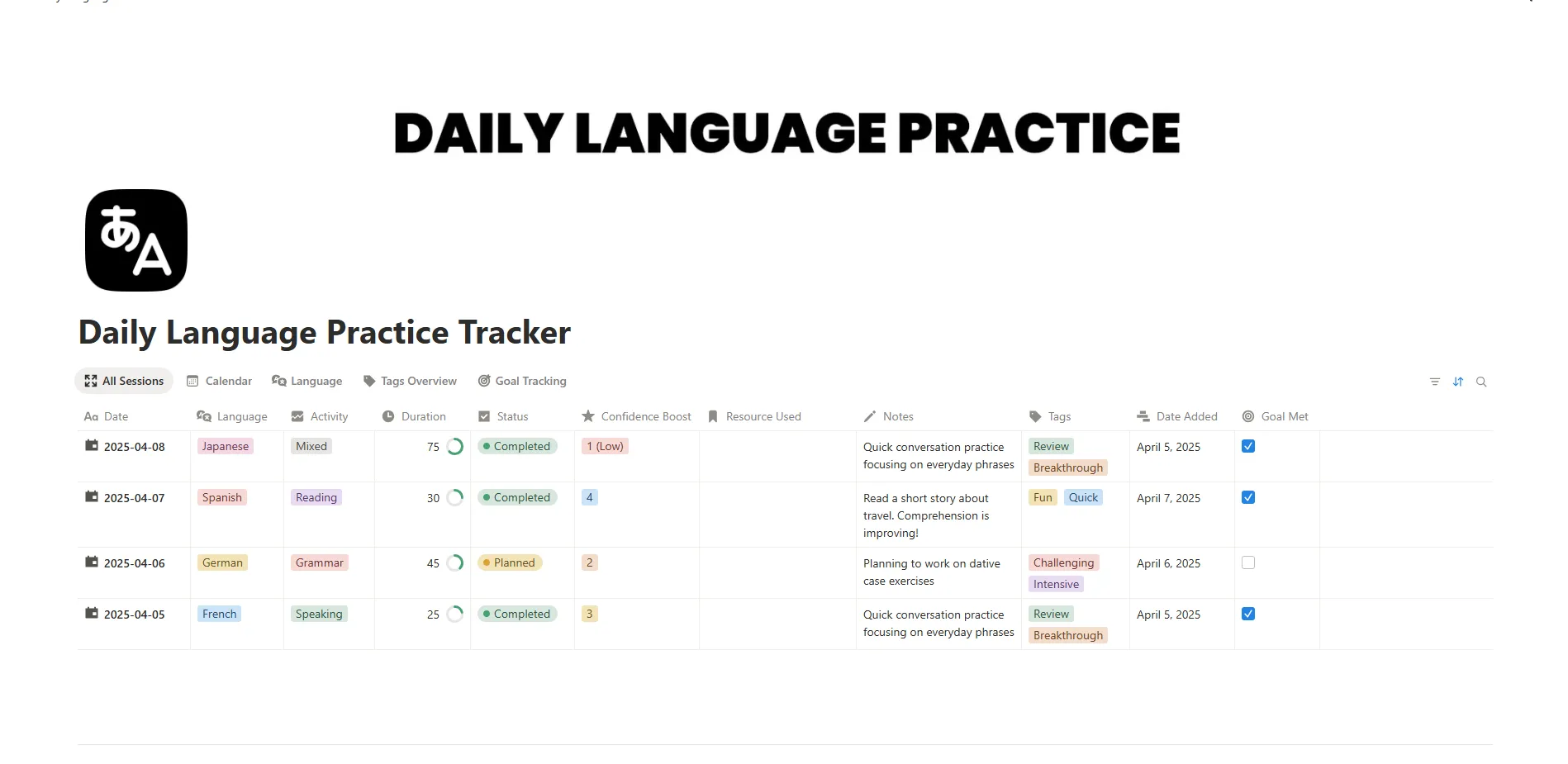 Daily Language Practice Tracker