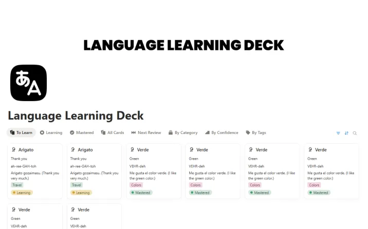 Free Language Learning Deck Template For Notion