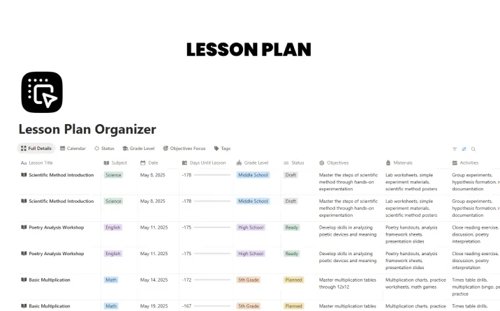 Free Lesson Plan Organizer Template For Notion