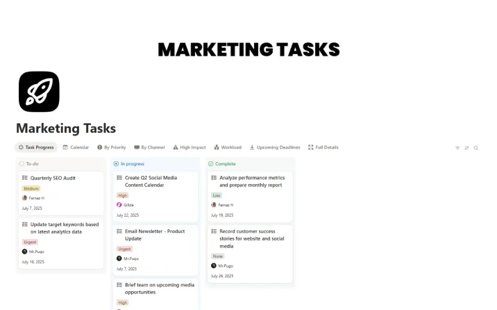 Free Marketing Tasks Template For Notion