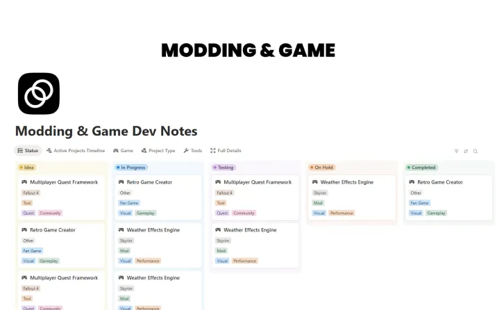 Free Modding & Game Dev Notes Template For Notion
