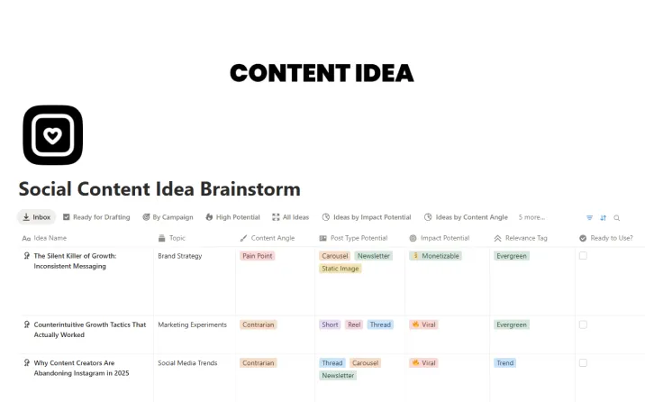 Free Social Content Idea Brainstorm Template For Notion