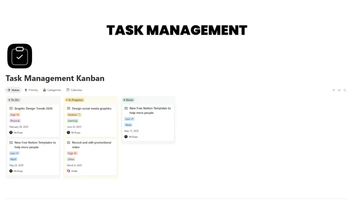 Free Task Management Kanban Template For Notion