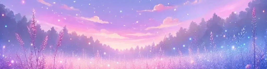 Dreamy pastel sunrise over a misty meadow with glowing sparkles, tall wildflowers, and a dark forest silhouette under pink-purple clouds.