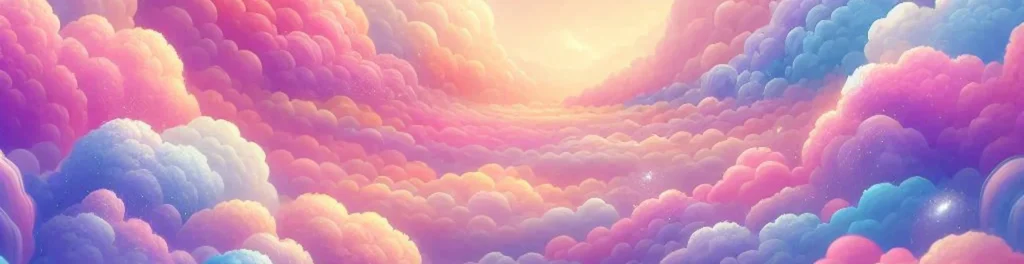 Dreamy sky with fluffy clouds, a crescent moon, rainbow arc, and sparkling stars in pastel gradients.