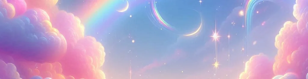 Dreamy sky with fluffy clouds, a crescent moon, rainbow arc, and sparkling stars in pastel gradients.