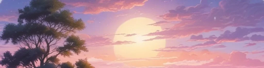 Twilight scene with a large glowing sun behind pink clouds and a silhouetted tree on the left.