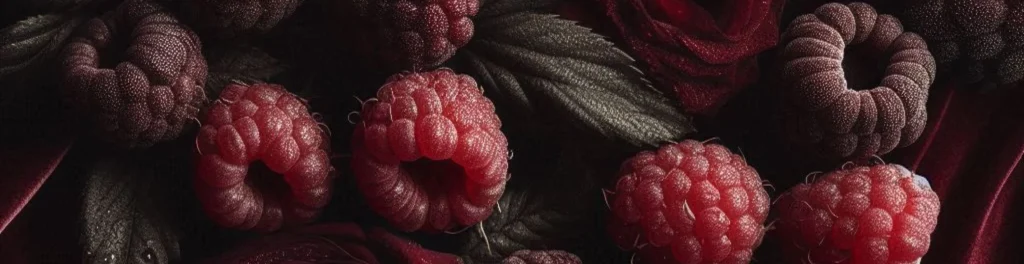 Dark textured berry scene with raspberries and deep red florals in a low-light cherry palette.