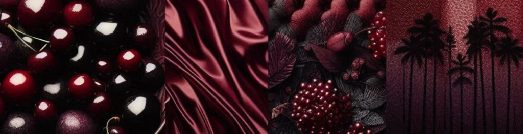 Four-panel cherry aesthetic: glossy cherries, silky burgundy fabric, dark berries/leaves, and palm silhouettes.