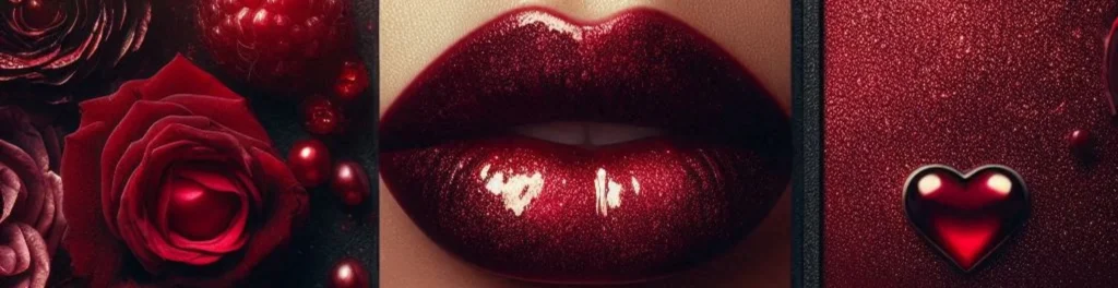Three-panel cherry-red collage with roses, glittery dark red lips, and a shiny red heart on sparkly background.
