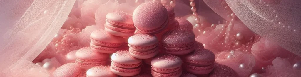 Stack of pink macarons dusted with glitter, surrounded by soft tulle and pearl-like beads in a dreamy pastel scene.