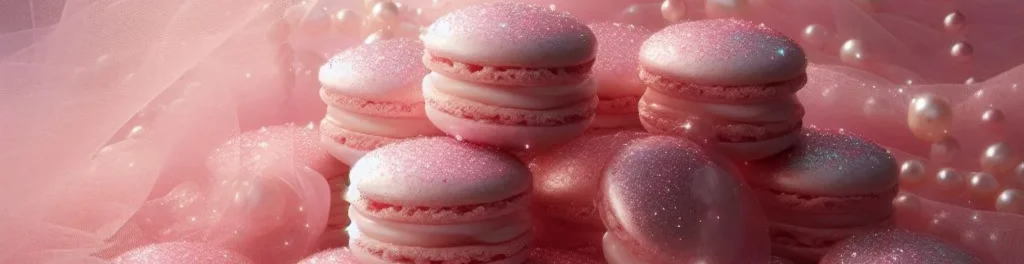 Close-up pink macarons with sparkling sugar on a soft pink fabric background with scattered pearls.