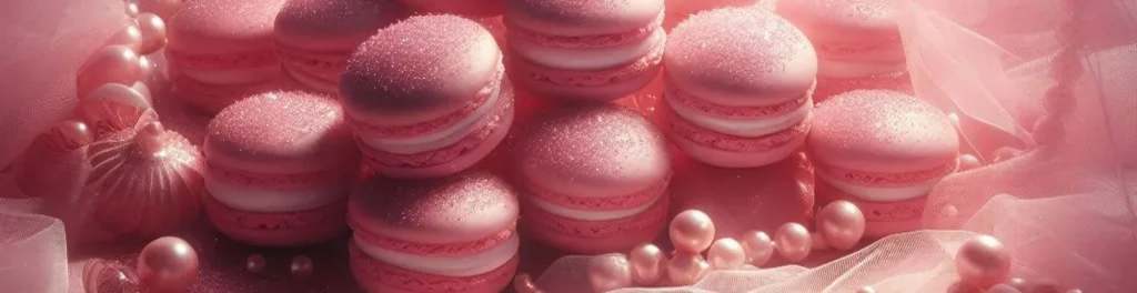 Pink macarons arranged in rows with glittery tops, pearls, and sheer ribbon in warm rosy lighting.